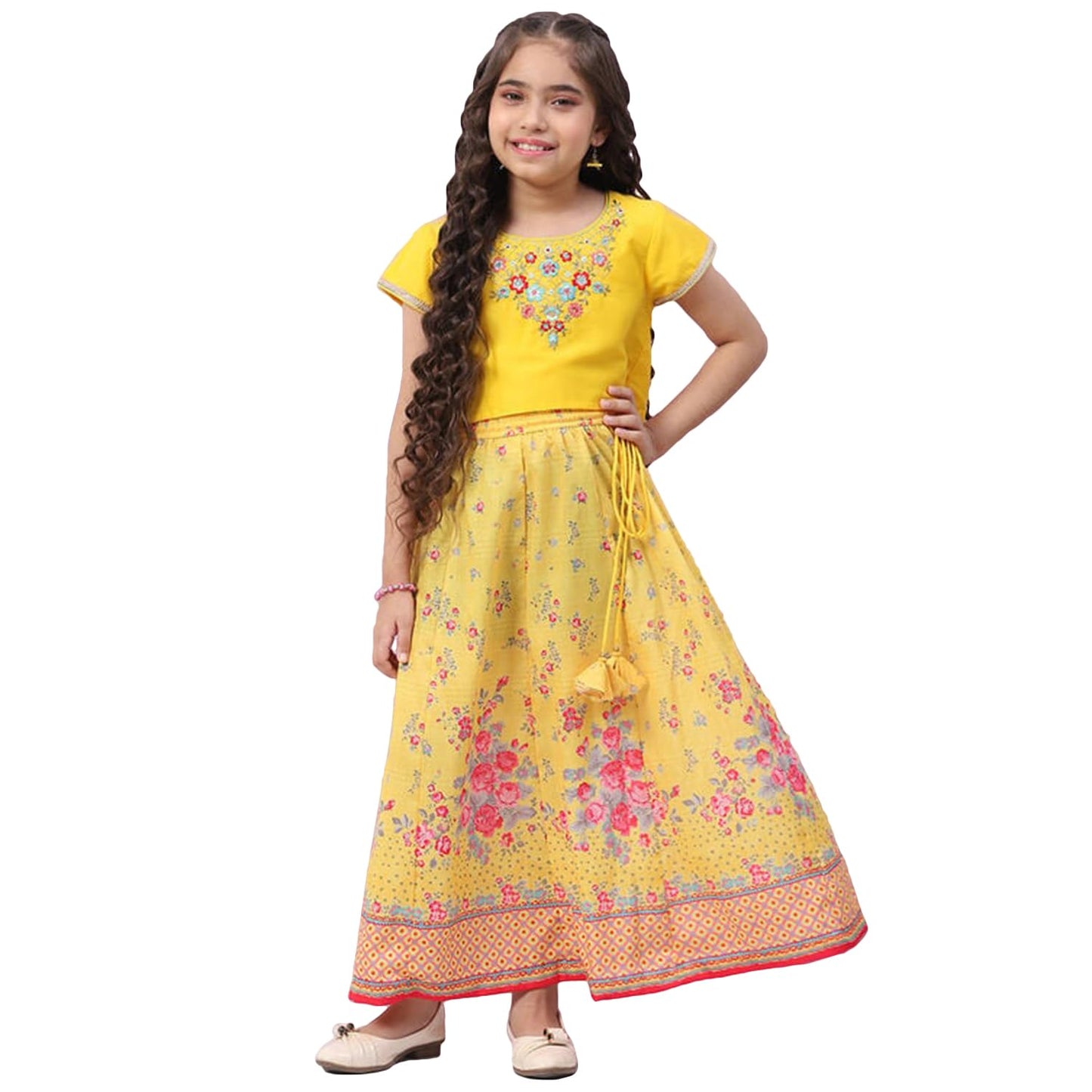 BIBA Girls Polyester Flared Self Design Lehenga Set (KW4960EAW22YEL_Yellow_15)