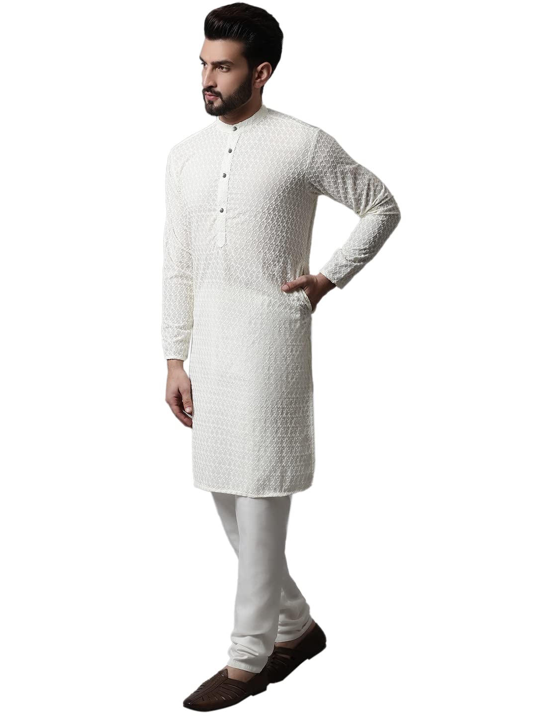 Jompers Men Embroidered Kurta with Churidar (Cream, M)