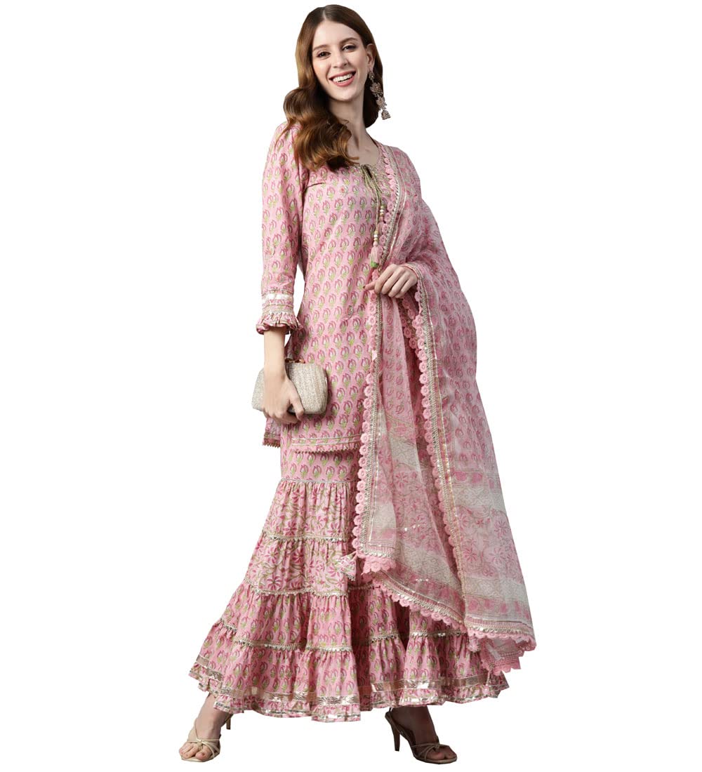 Divena Pink Floral Hand Block Printed Kurta Sharara Set with Dupatta