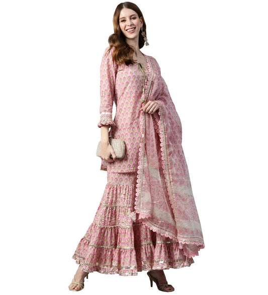 Divena Pink Floral Hand Block Printed Kurta Sharara Set with Dupatta