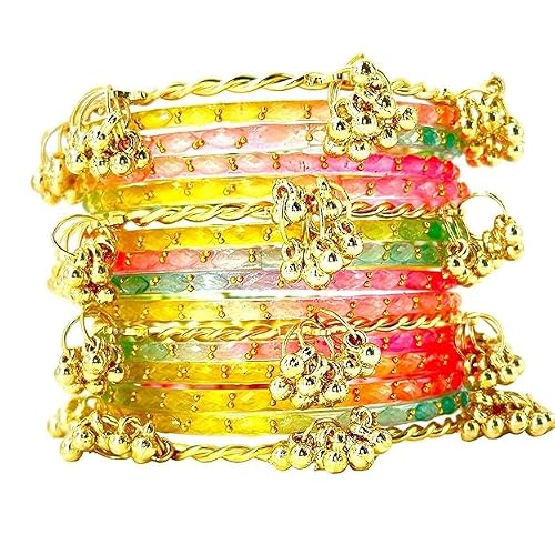 BANGLESKART 16pc Glossy Multi Set Kashmiri Ghunghroo Bangles Cowrie Shell Kaudi Glass Churi Haldi Jewelry Women (multicolour, two set for two hand, 2.8) (two set for two hand, 2.6)