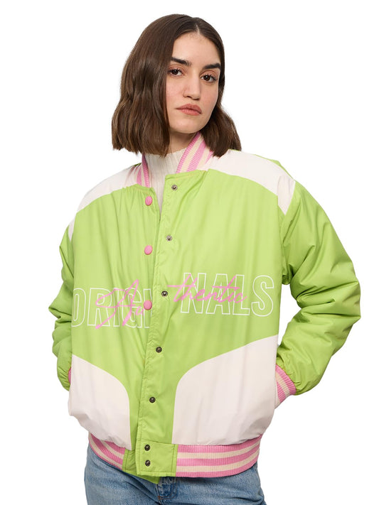The Souled Store Official Varsity Jacket : Celery Lime Women and Girls Long Sleeve Button Front Multicolor Graphic Printed Oversized Fit Varsity Jackets