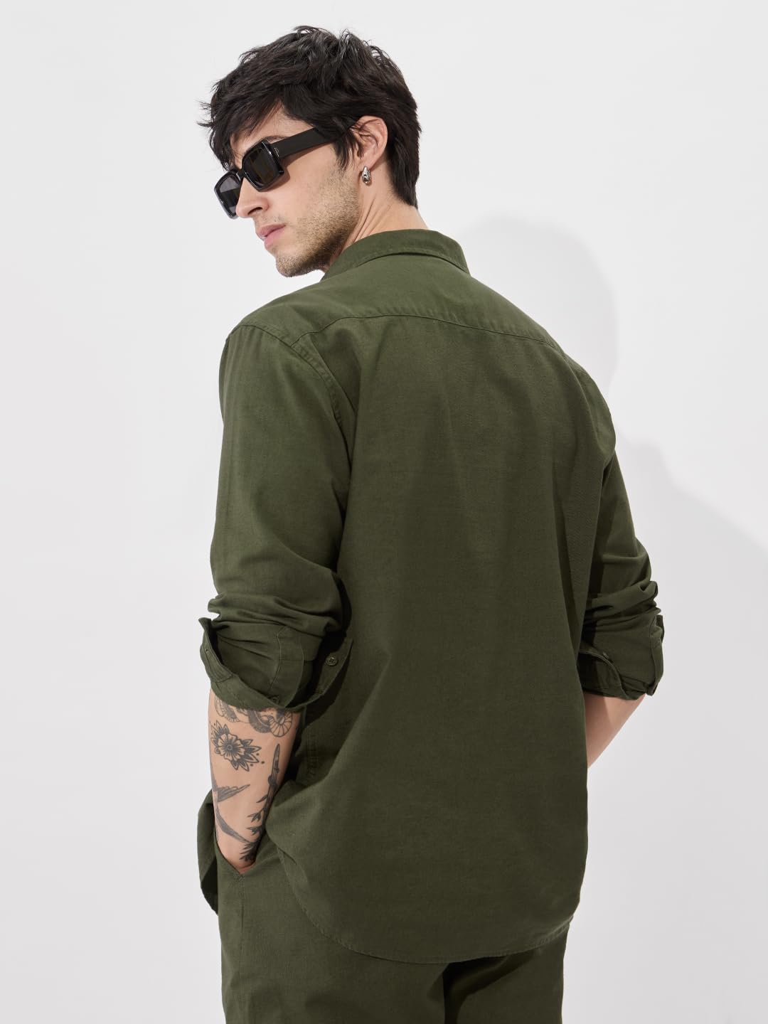 The Souled Store Solids: Olive Green Men and Boys Collared Neck Long Sleeve Button Front Regular Fit Cotton Linen Shirts Solid Shirts Casual Button-Down Full Sleeve Casual Workwear Fashionable Stylish