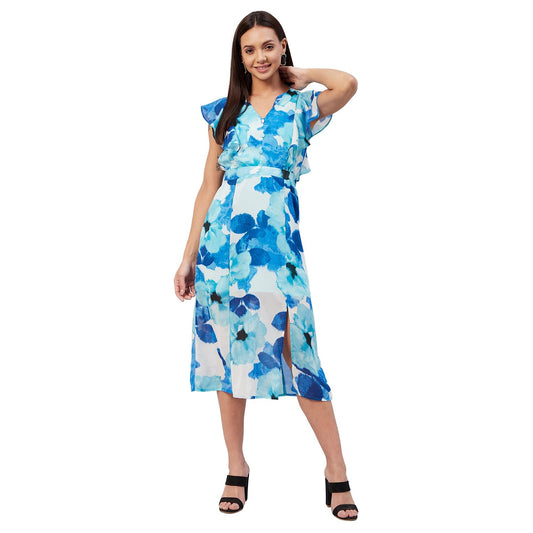 Carlton London Women's Georgette A-Line Midi Casual Dress (CL642A_Blue_S)