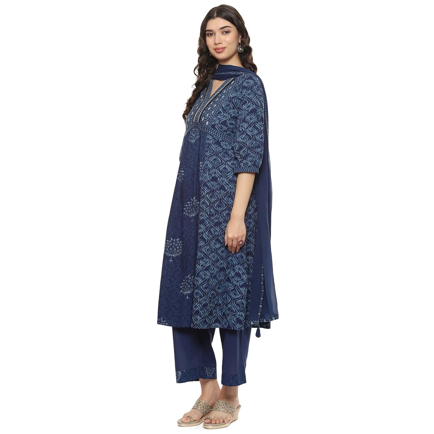 BIBA Women PRINTED GATHERED SALWAR KURTA DUPATTA(SKDDABU9026_INDIGO_42)