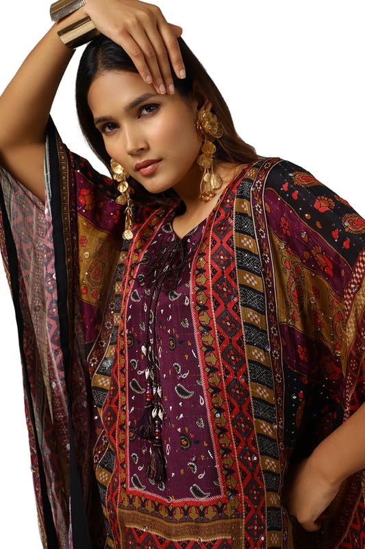 Soch Womens Multicolour Chinon Ethnic Motifs Kaftan with Faux Mirror and Sequins