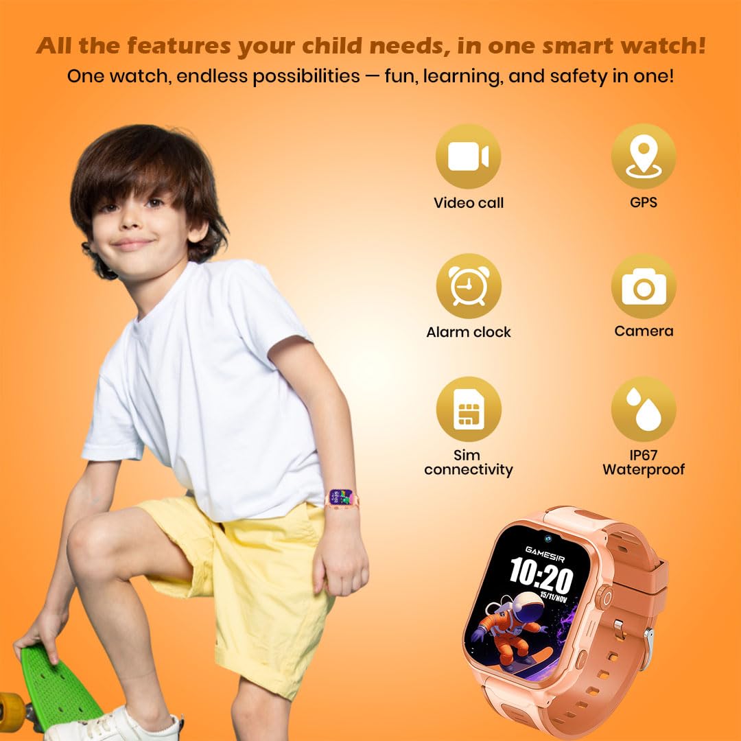 GameSir Safeguard Kids Smart Watch 5G/4G with SIM Calling, 800mAh Battery, GPS Tracker, SOS Alerts, Video Calling, Face Unlock, Voice Chat, Games, IP67 Waterproof (Orange)
