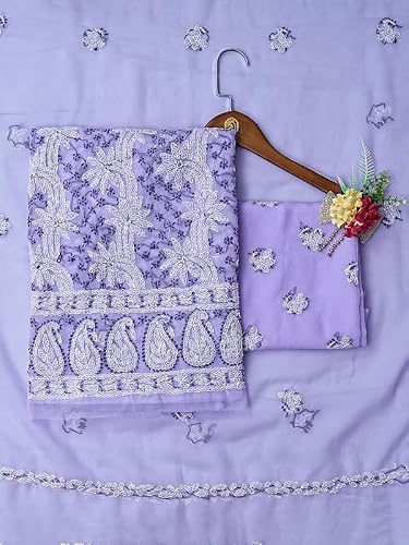 Ada Hand Embroidered Chikankari Georgette Dress Material for Women Lavender