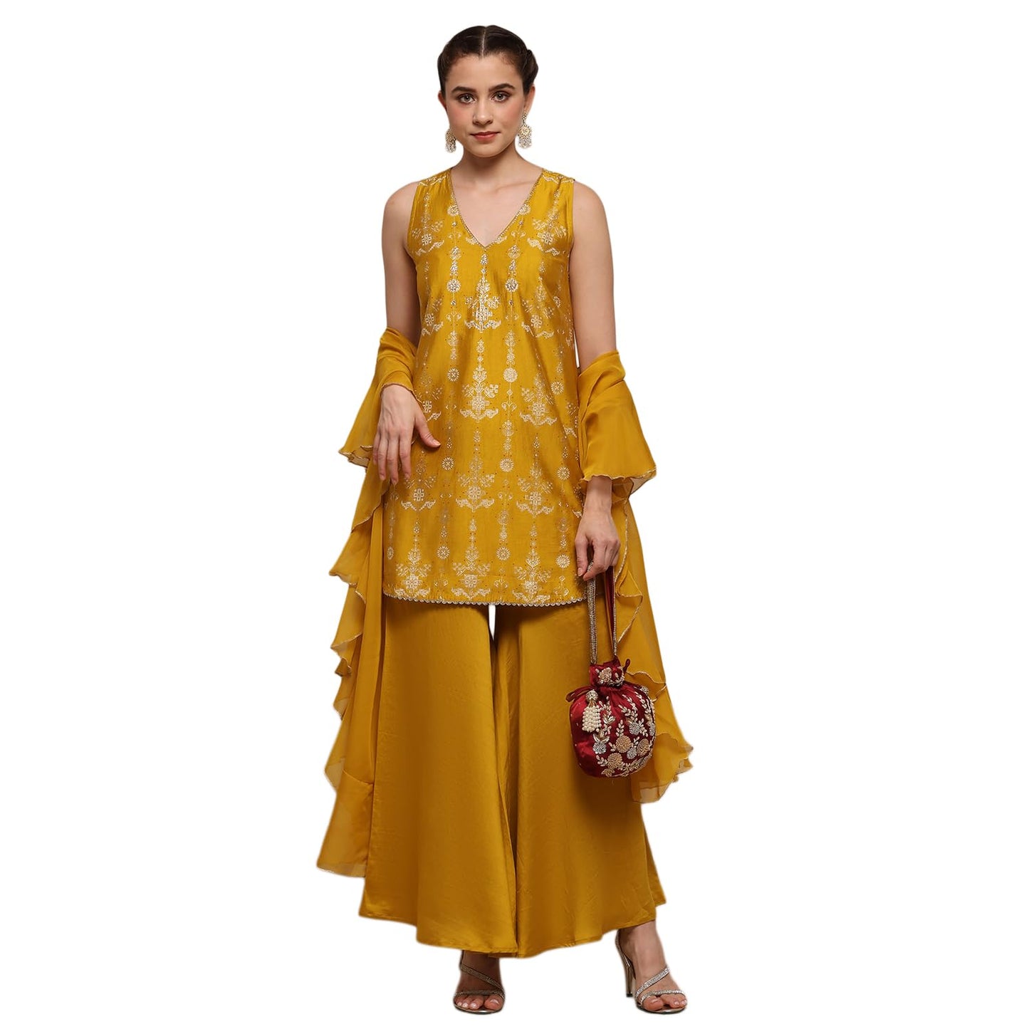 Biba Women Yellow Viscose Blend A-Line Printed Garara Suit Set_34