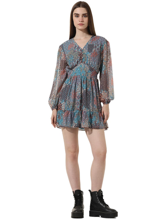 ONLY Women Printed Polyester Above Knee Multicolor Tiered Dress