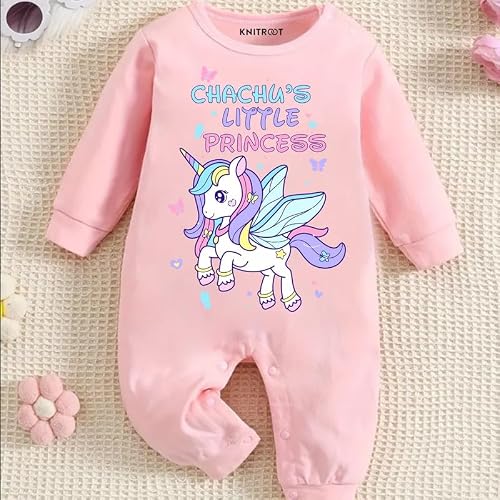 KNITROOT Chachu Theme, Chachu's Little Princess Text Printed, Full Sleeves, Shoulder-Snap-Buttons, Cotton Jumpsuit, Rompers for New Born Baby, 3-6 Months, Pink, Infant Clothes