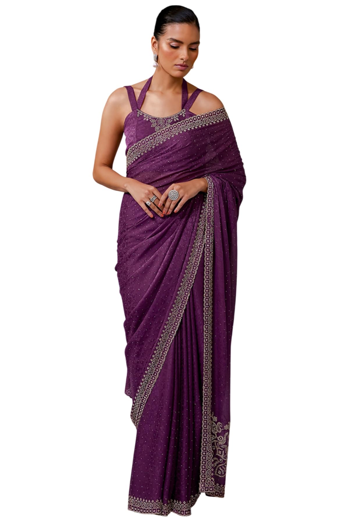 Soch Womens Fendy Georgette Woven Design Saree With Stone Work