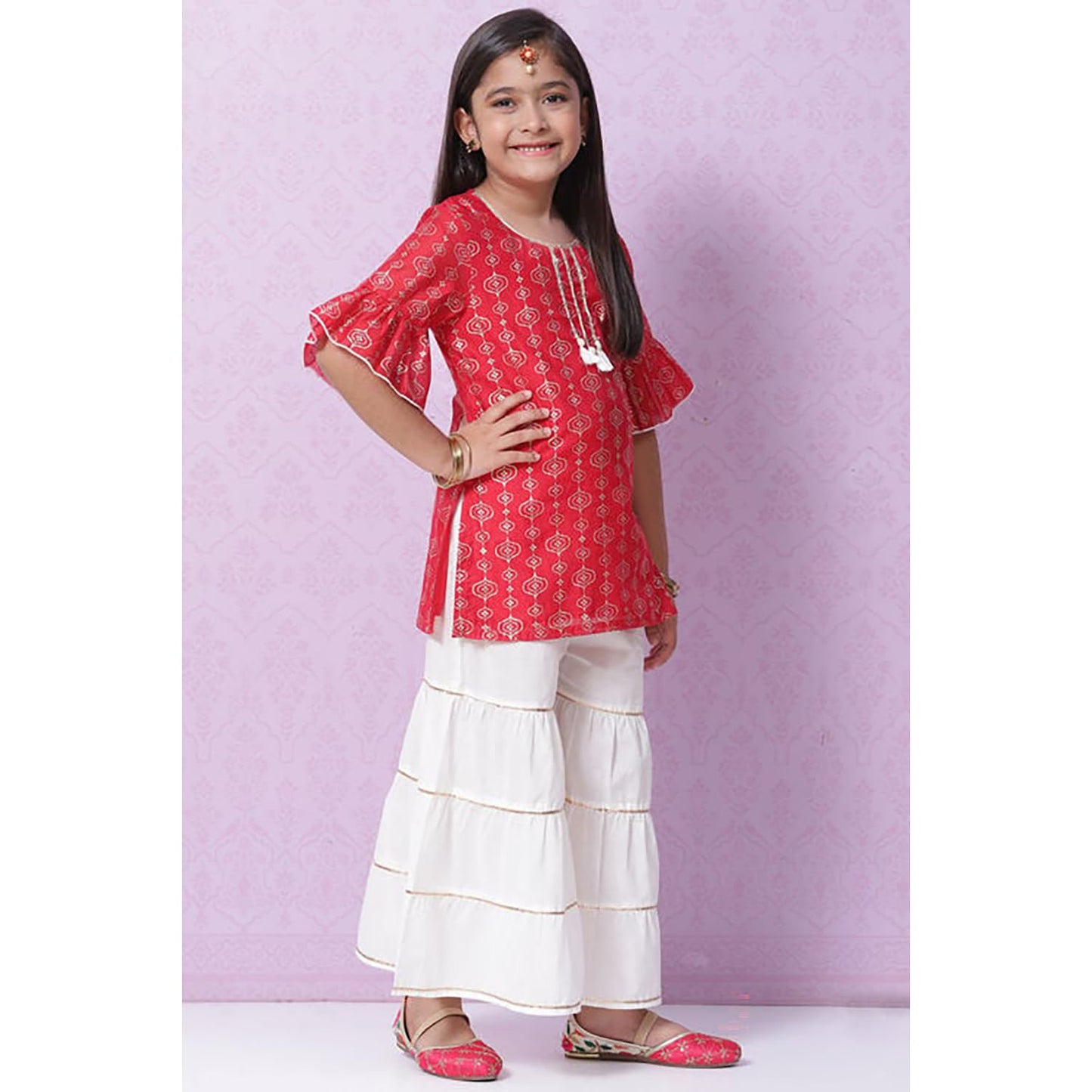 BIBA Girls Polyester Flared Printed Suit Set(KW5065E_11_Red)