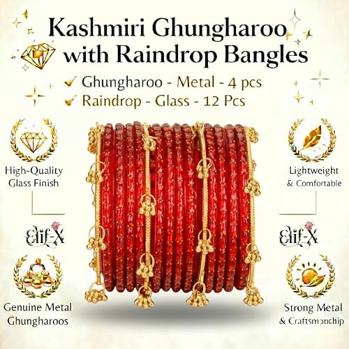 ELIF-X Kashmiri Ghungharoo Raindrop Bangles Set for Women | Traditional Gold Plated Ethnic Bangles | Bridal Wedding Jewelry | Stylish Designer Kada Set for Girls & Women|Red-2.6