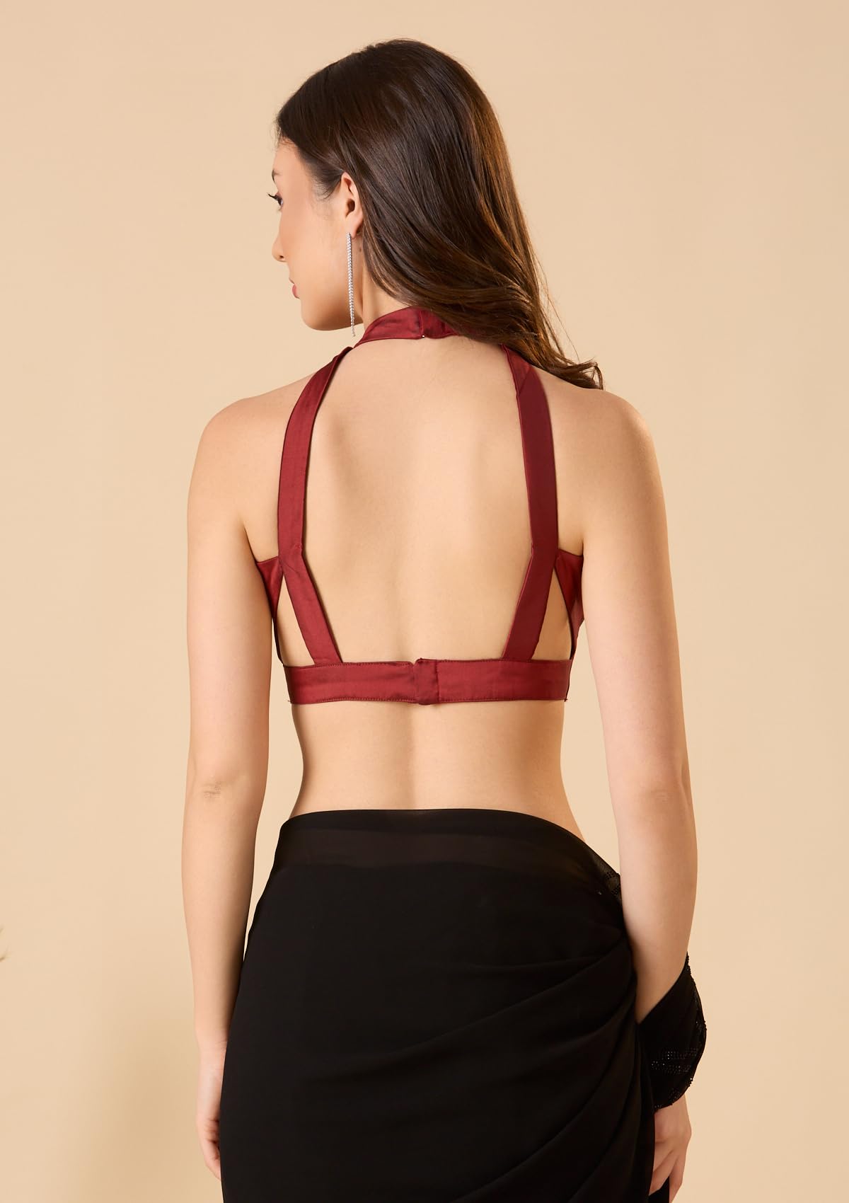 S SALWAR STUDIO Maroon Taffeta Halter Neck Sleeveless Readymade Blouse