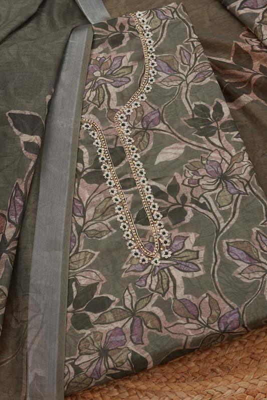 Soch Womens Olive Linen Floral Unstitch Dress Material With Beads And Stones