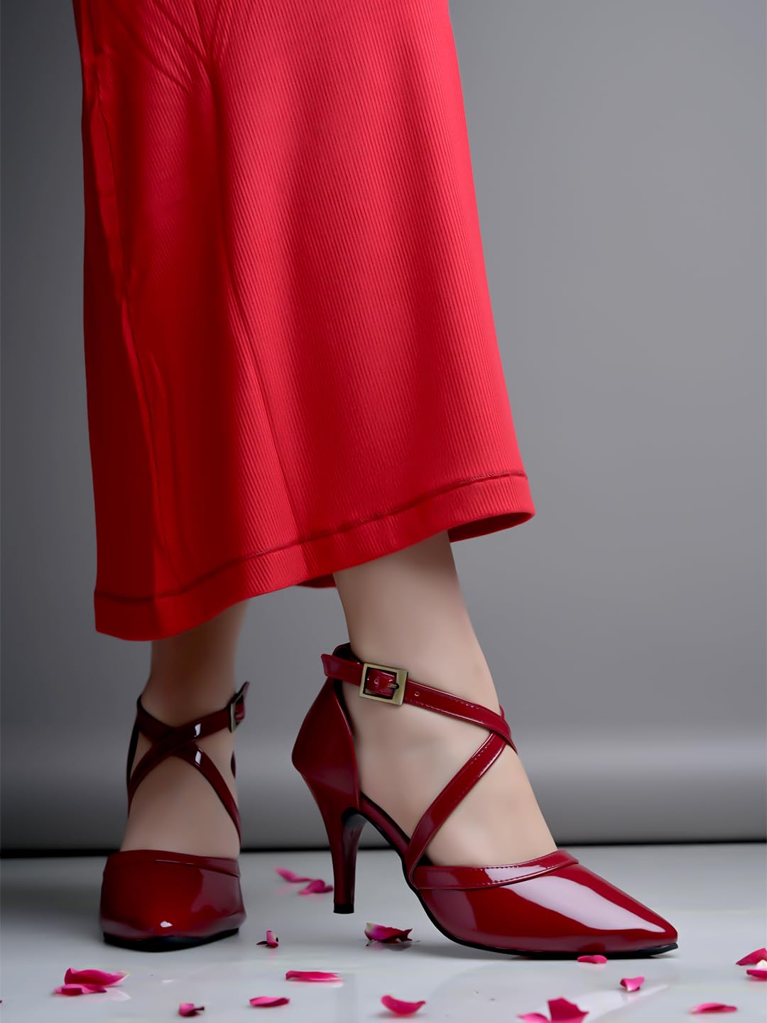 Shoetopia Women's Cherry Leather Heels Cross Strap Closed Toe Pumps with Buckle || Stylish High Heel Perfect for Office, Weddings, Cocktail Parties & Formal Events EU39