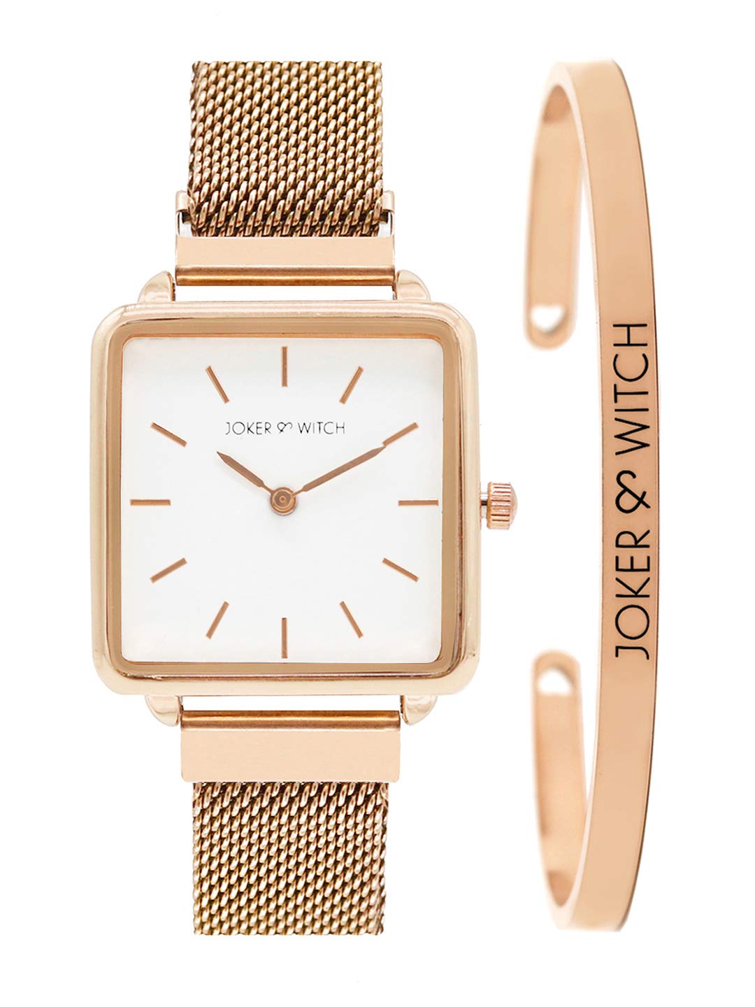 Joker & Witch Stainless Steel Pink Flutter Rosegold Analogue Watch Bracelet Stack for Women, White Dial, Rose Gold Band