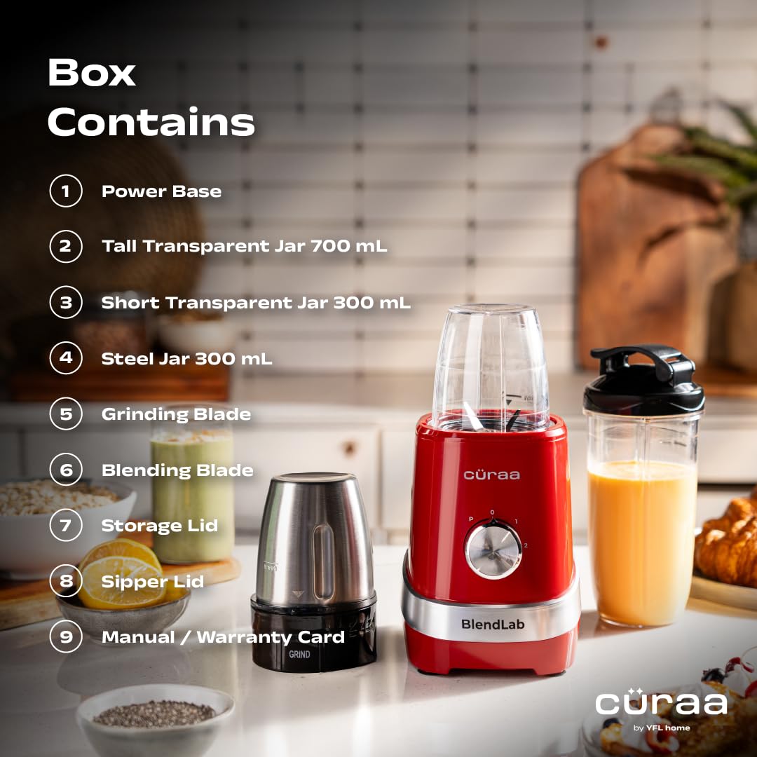 Cüraa by YFL home BlendLab Mixer Grinder for kitchen – 3 Jars | 100% Copper Motor | Stainless Steel Jar for Spice Grinding & Chutneys | Compact Smoothie Blender | Smoothies Maker | 2 Year Warranty