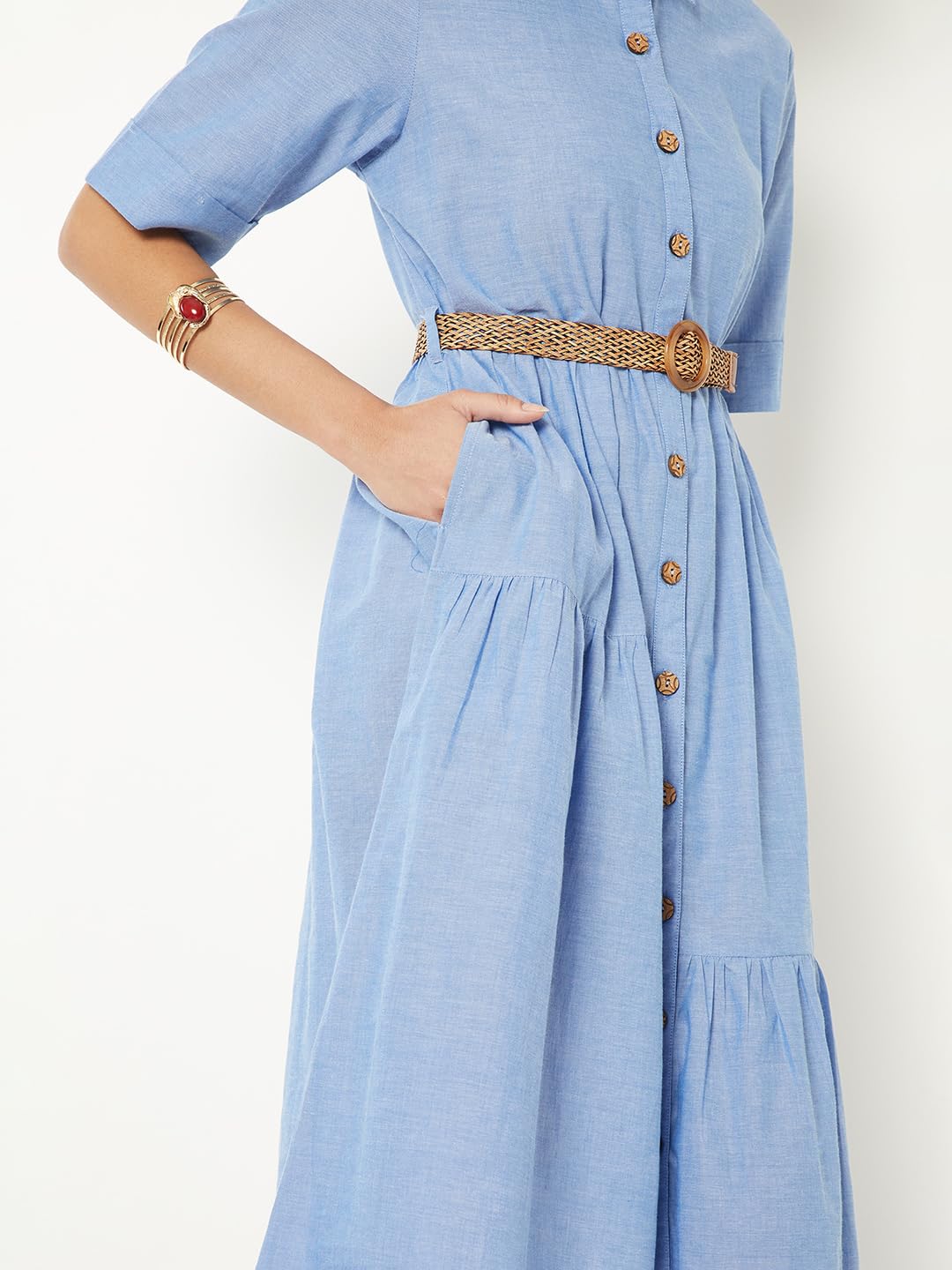 Max Women Solid Shirt Dress with Belt (Blue_L)