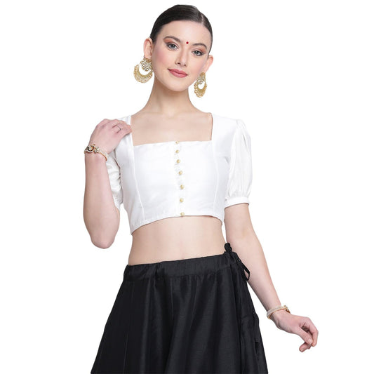 studio rasa Women's Silk Blend Button Down Readymade Saree Blouse for Wedding Festive Party (TPWC224BL13L_Large_White)