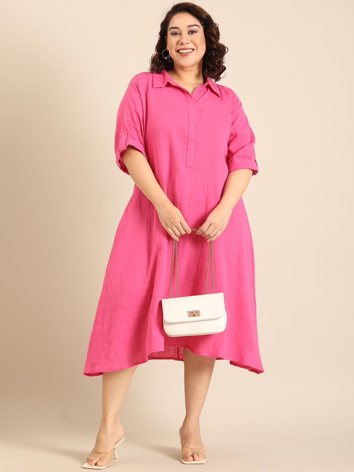 the PINK MOON Women's Plus Pink A-Line Shirt Dress (DRS CH PNKDC 2XL)