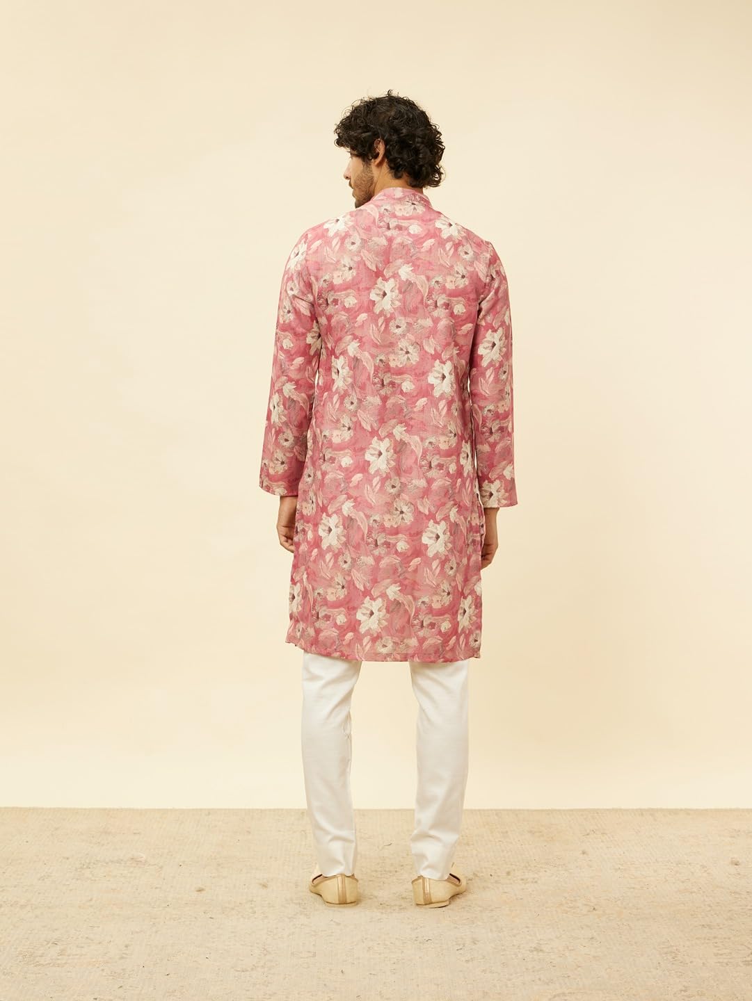 Manyavar Men's Coral Pink Floral Printed Kurta (L)