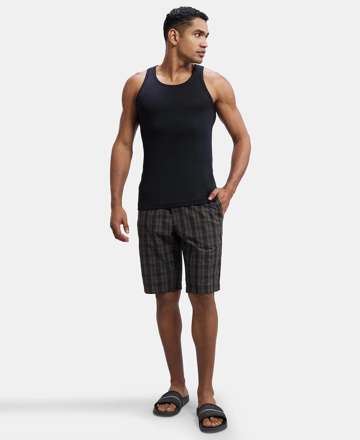 Jockey 9005 Men's Super Combed Mercerized Cotton Woven Fabric Regular Fit Checkered Bermuda with Side Pockets_Black Olive_M