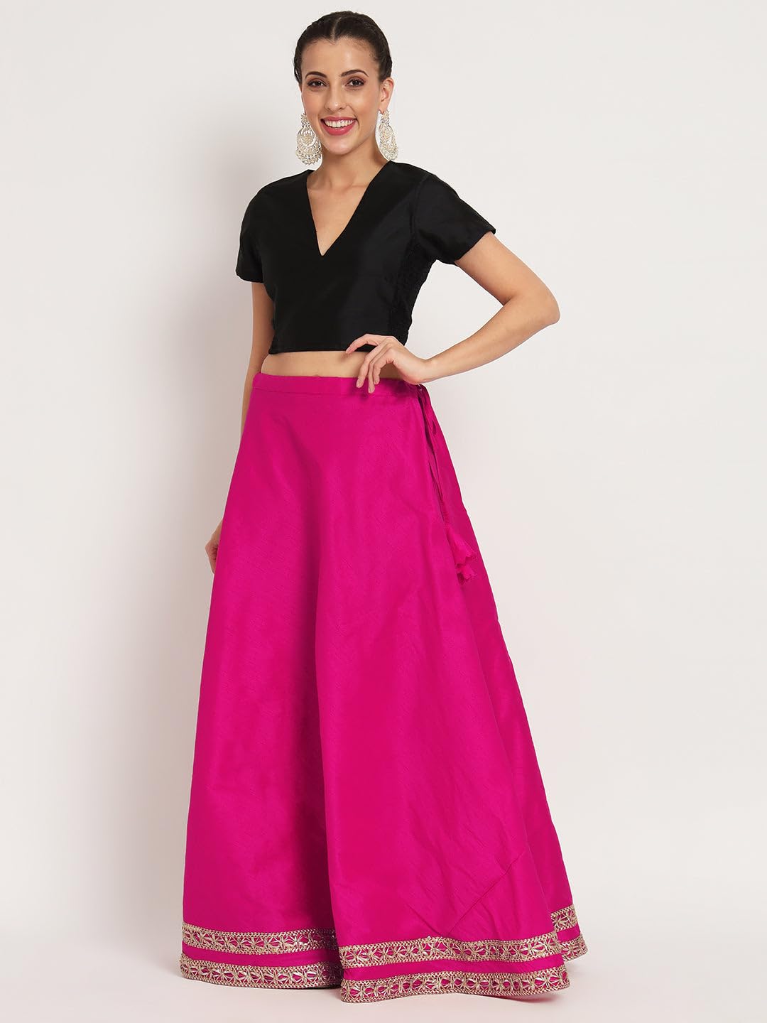 studio rasa Women's Silk Blend Stretchable Readymade Saree Blouse for Festive Wedding Party (Tpwc52337S_BL_Black_Small)