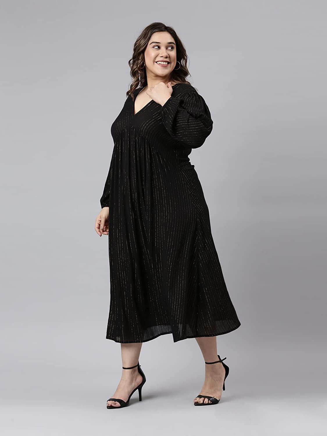 The Pink Moon Women's Maxi Plus Size Lurex Dress - (DRS_100_GOLDLX_Black_2XL)