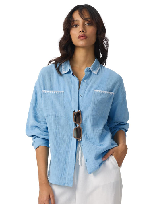 The Souled Store Textured Shirt: Sky Blue Women and Girls Long Sleeves Collared Neck Button Front Polyester Boyfriend Shirts