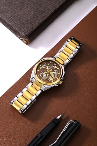 London Fog Portobello Collection Skeleton Analog Watch for Men with Mechanical Gear Dial, Luminous Hands & Hour Markers, Date Display and Two-Tone Brushed & Polished Stainless Steel Strap LFM10027-55