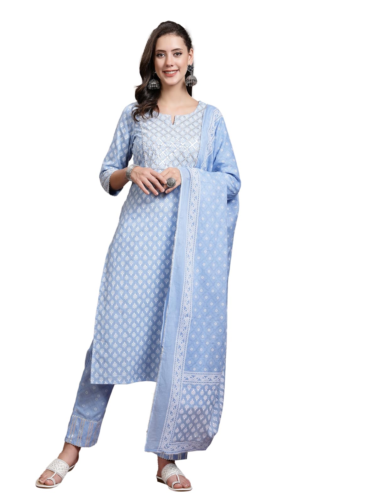 Stylum Women's Printed & Embellished Cotton Straight Kurta Pant Dupatta Set