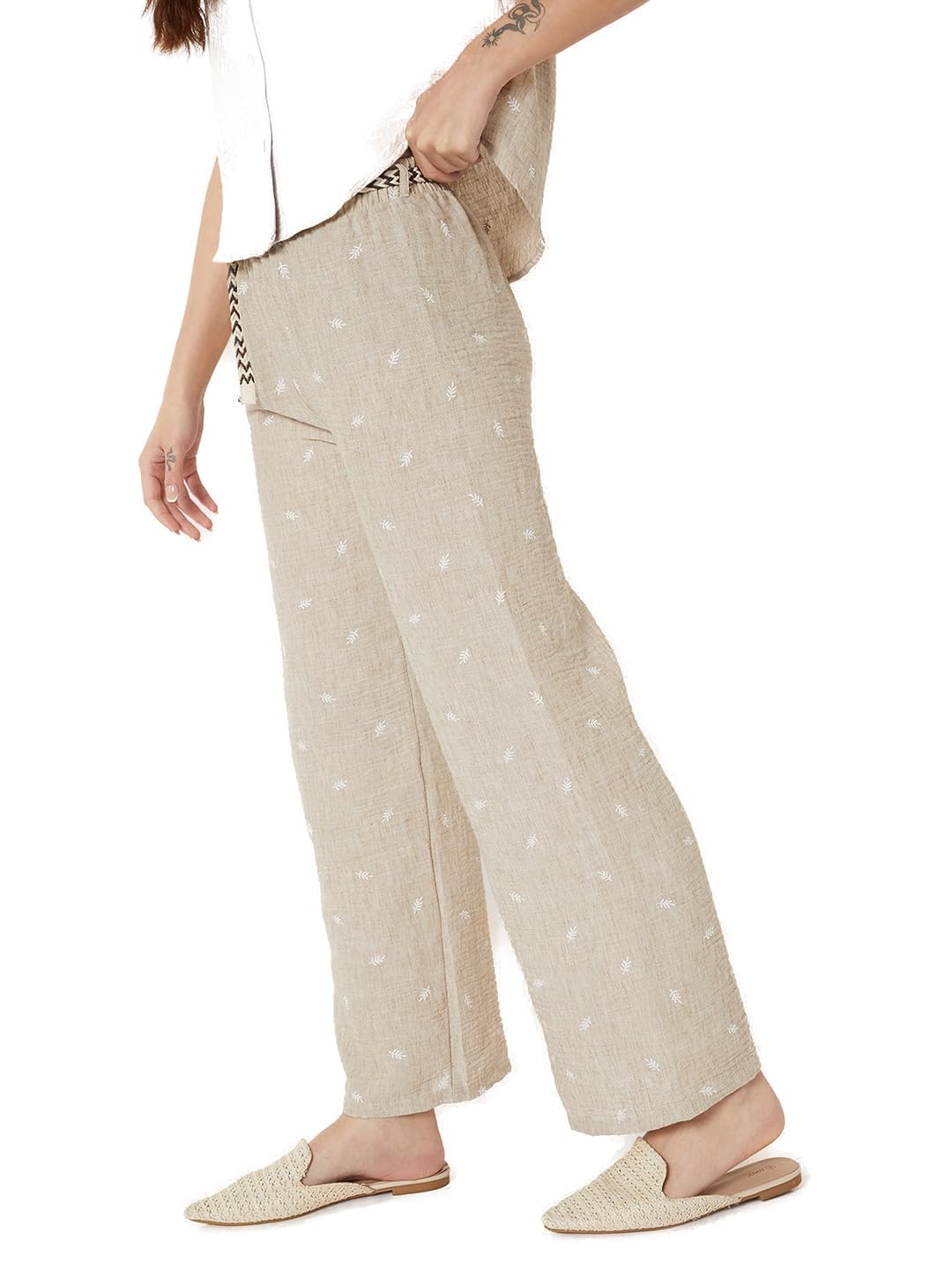 Max Women Embroidered Wide-Leg Pants with Belt (Beige_XL-XXL)