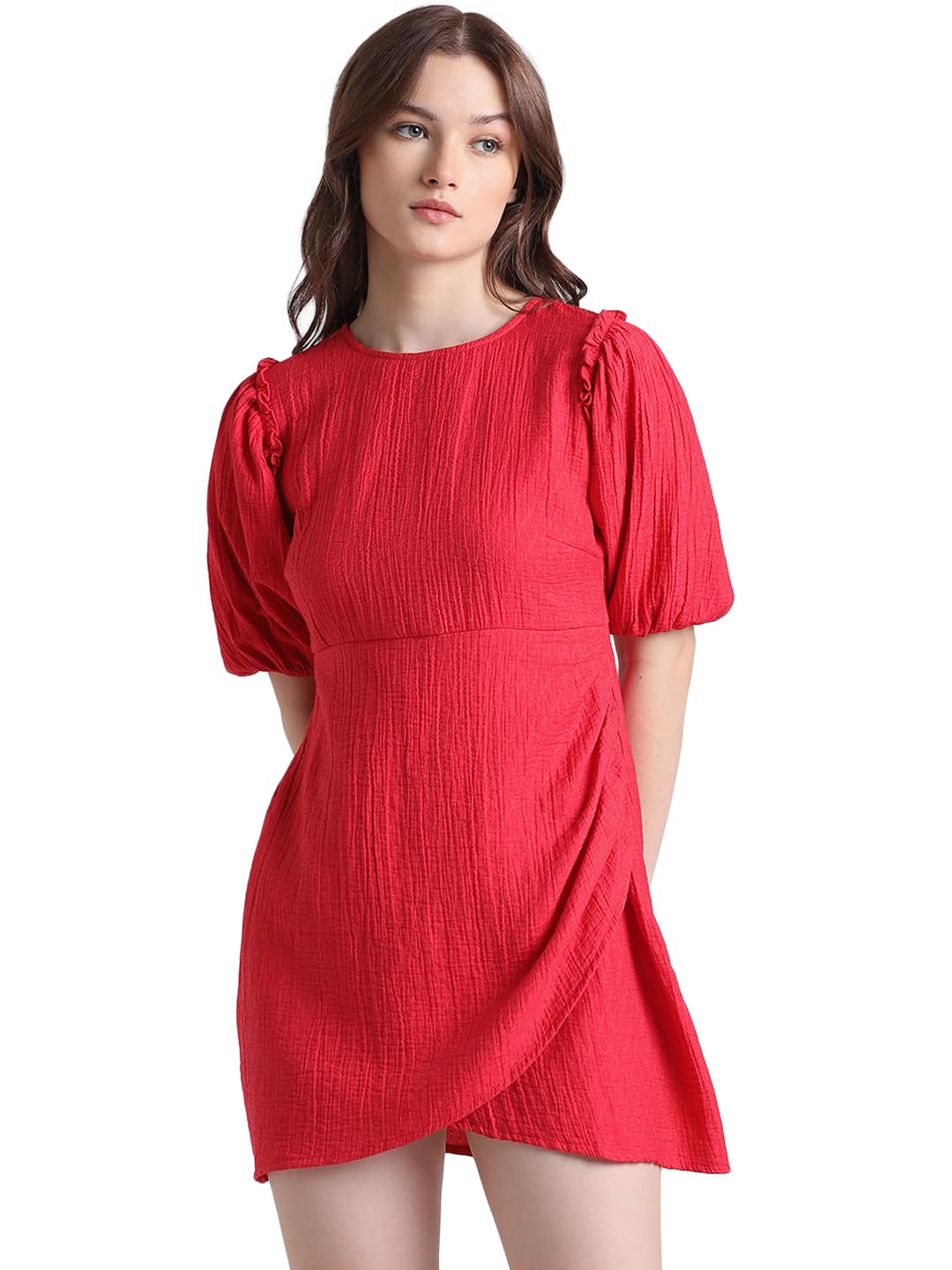 ONLY Women's Cotton Blend Wrap Mini Dress (15323361-Jalapeno Red_Jalapeno