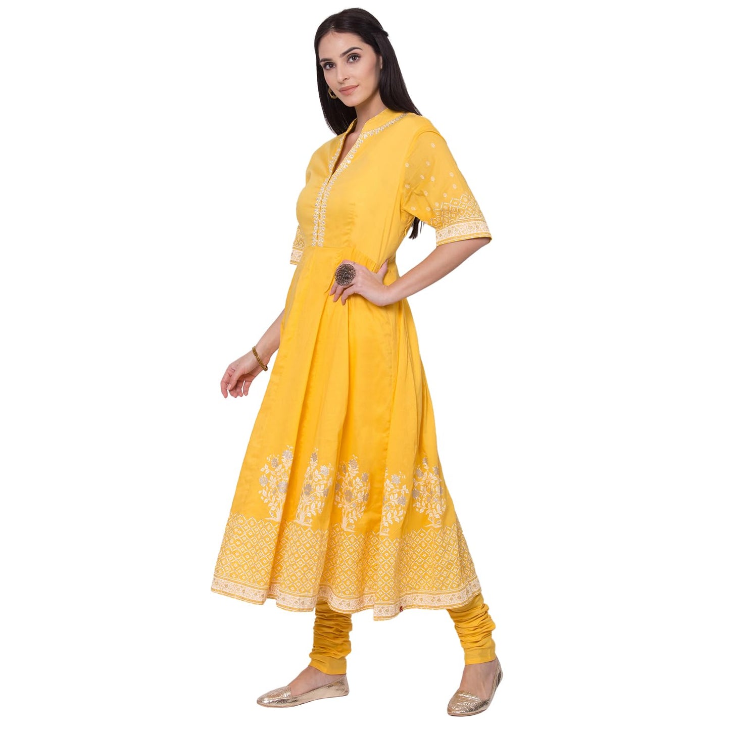 BIBA WOMEN PRINTED FITTED SALWAR KURTA DUPATTA(SKDASSORTED5919E_YELLOW_36)