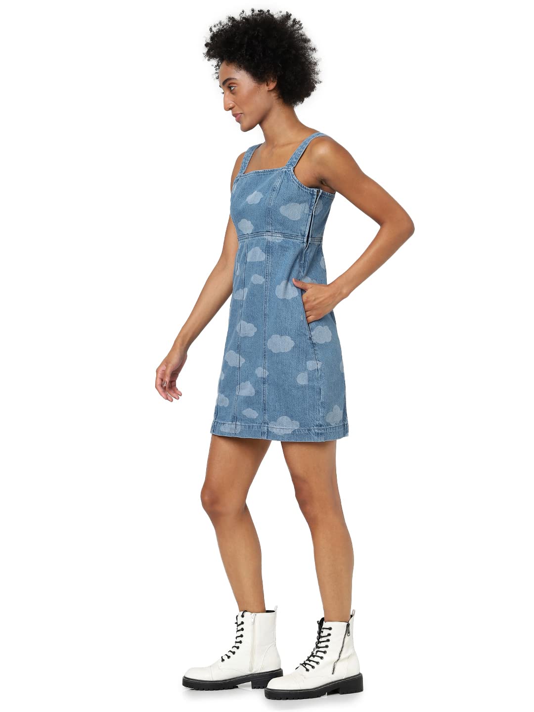 Only Women's Cotton Skater Knee-Length Dress (15274948-Medium Blue Denim_Medium XS)