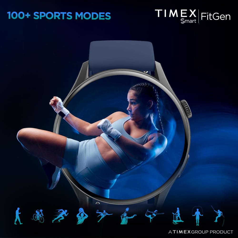 Timex FitGen 1.43" Round AMOLED Smartwatch with 466x466 Pixel Resolution|Single Sync Bluetooth Calling|Rotating Crown| Metallic Body|AI Voice Assist|100+ Sports Modes|Upto 7 Days Battery(Normal Usage)