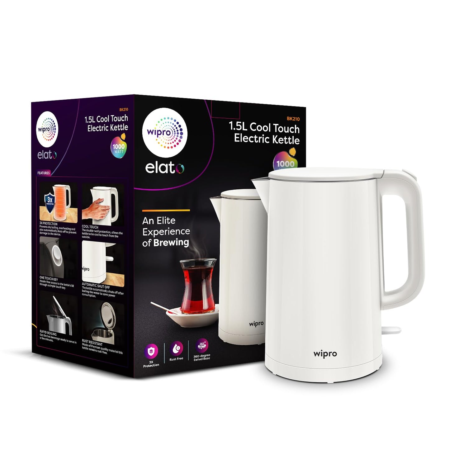 wipro ABS Elato BK210 Cool Touch Double Layer Electric Kettle, 1.5 Litres, Anti-Rust Shield, Super Fast Heating, 3X Protection-Overheating, Dry Boil & Auto Shut-Off,1000 Watts, 2 Years Warranty, White