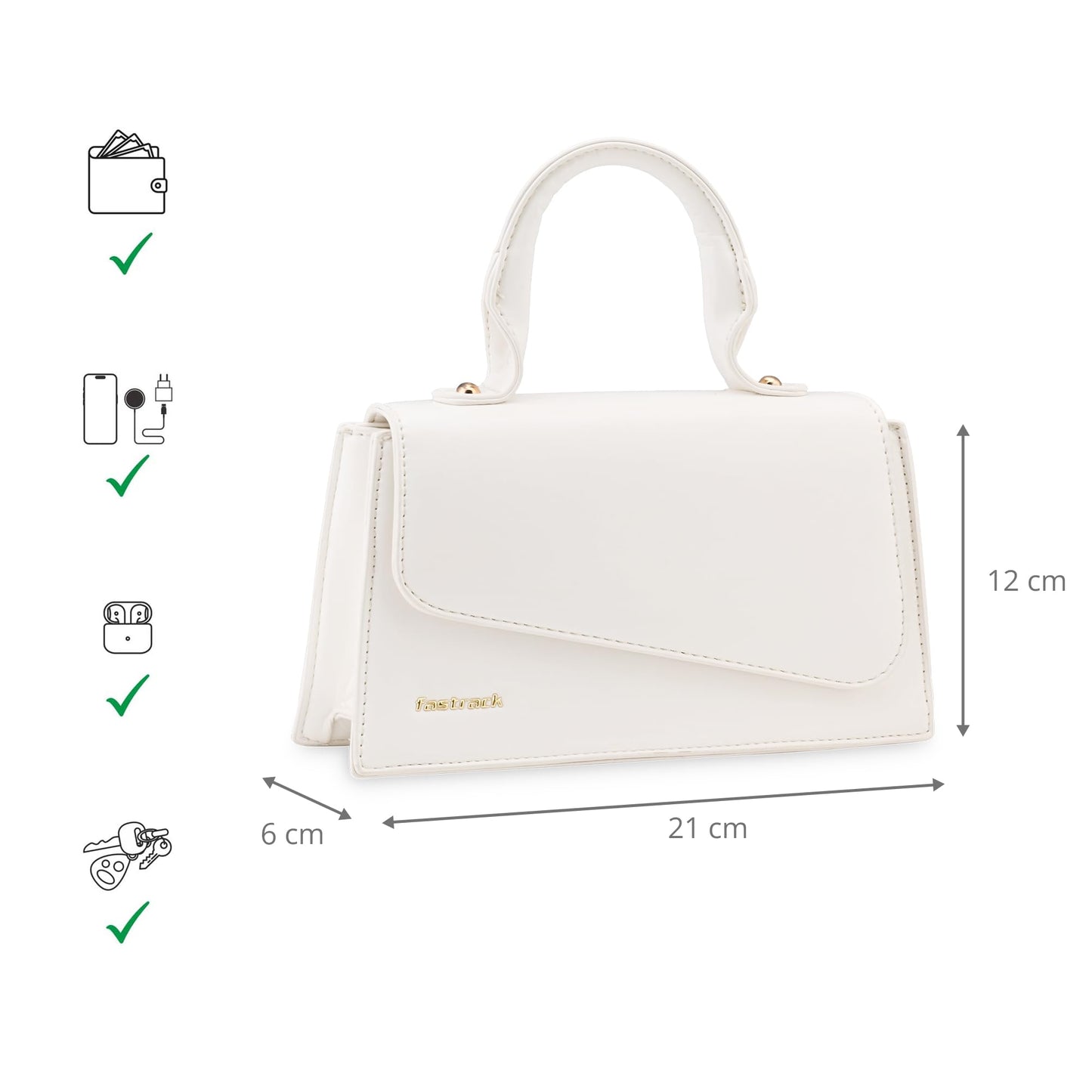 Fastrack Lil’Spark Sling | White Faux-Leather Women’s Handbag | Sling with Fixed Handle & Detachable Strap for Casual & Party Carry