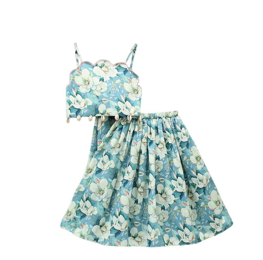 Leons Fab Girl's Floral Printed Scalloped Cut Back Tie Knot Top With Lehenga (11-12 Years, Green)
