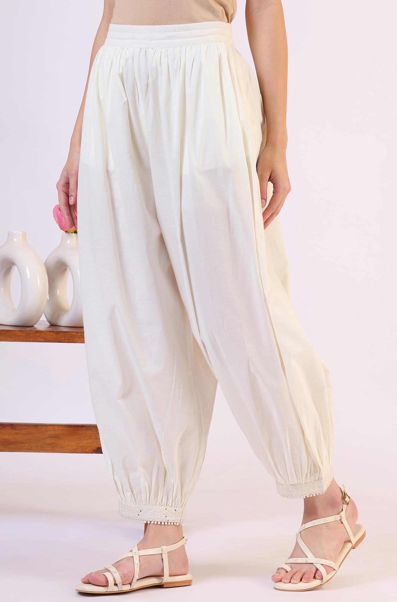 W for Woman Solid Pure Cotton Gathered Salwar (Size: L)-W63150-218090 Ecru