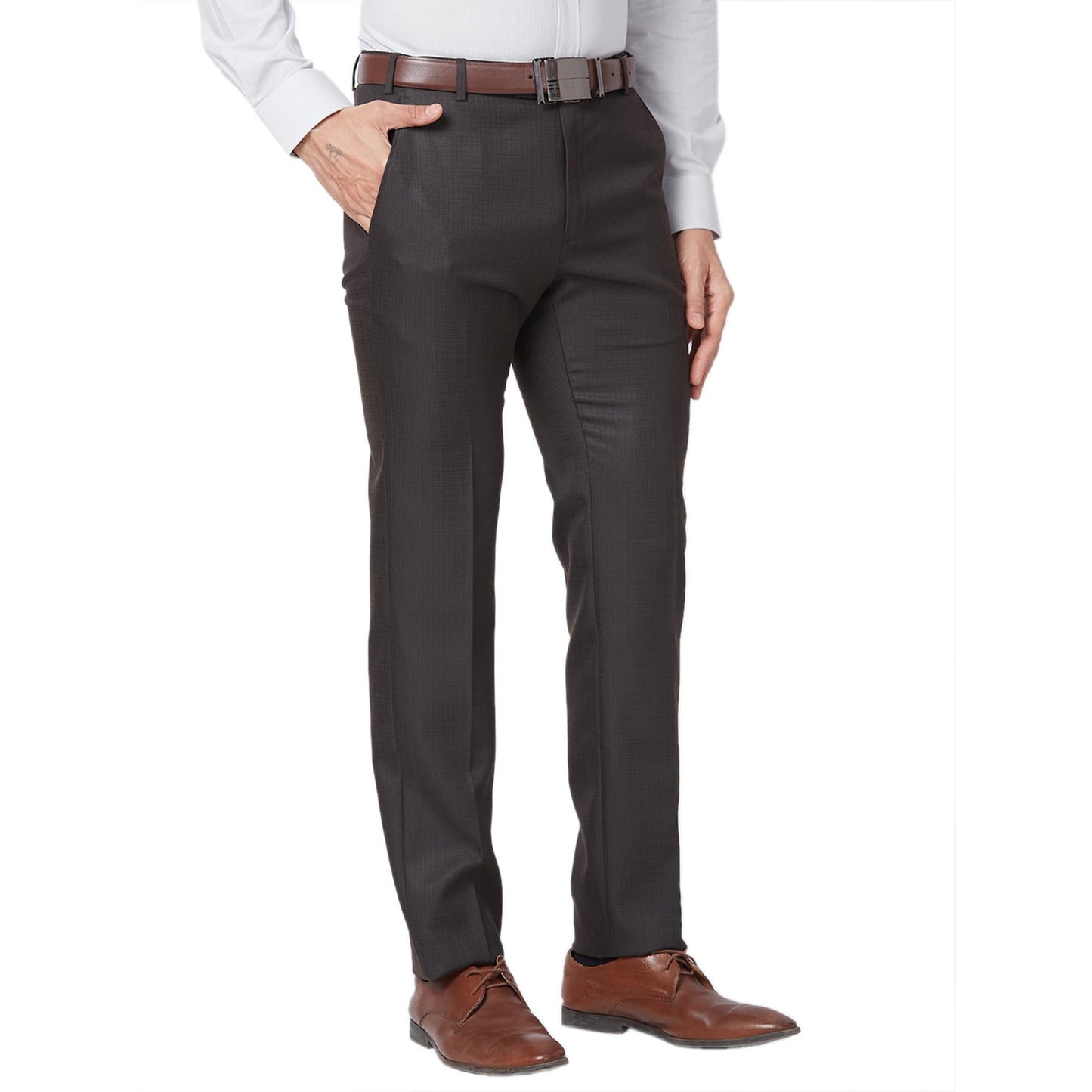 Raymond Men's Slim Fit Formal Trousers, Poly Viscose Blend, Structure Pattern | Medium Brown