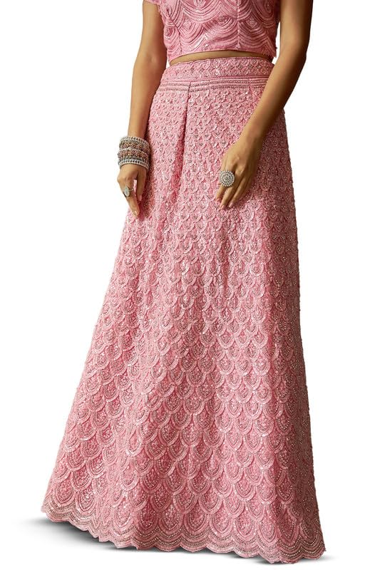 Soch Womens Pink Net All-Over Sequin Embellished Unstitched Lehenga Set with Belt