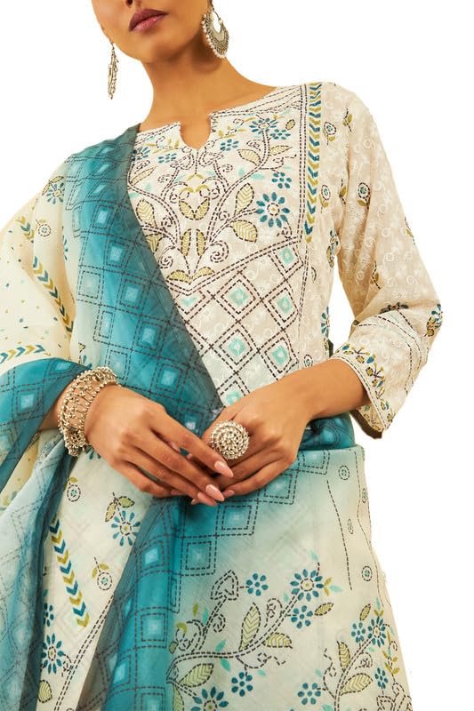 Soch Womens Cream Cotton Blend Print With Embroidered Suit Set With Schiffli