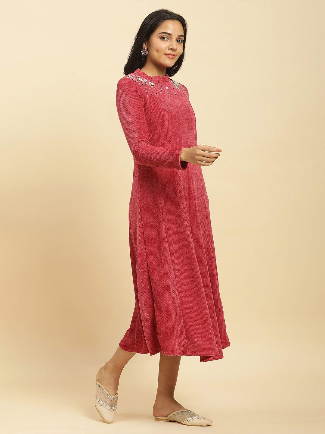 W for Woman Red Embellished Winter Flared Dress (Size: M)-24NOW10211-214829