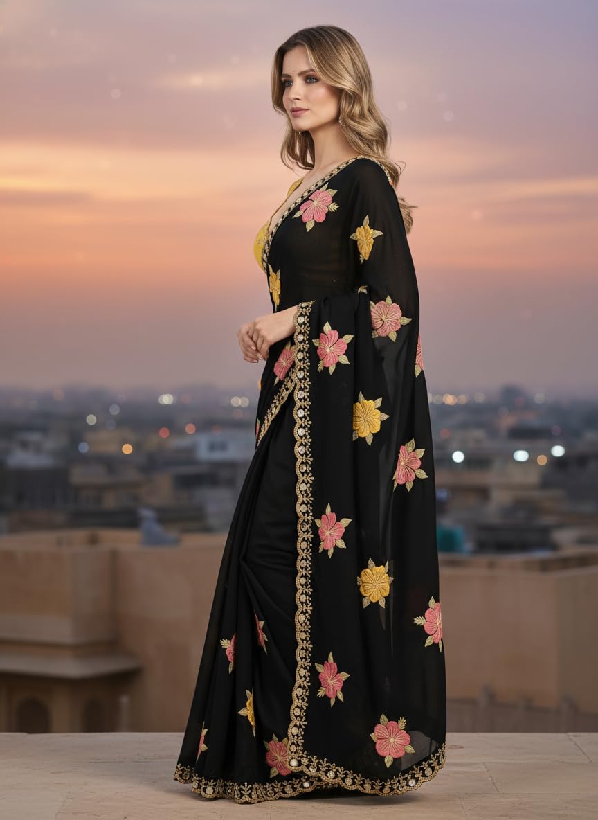 Sidhidata Women's Shining Star Georgette Embroidered Mirror Work Saree With Embroidered Unstitched Blouse Piece (Kusum Black_Black_Free Size)