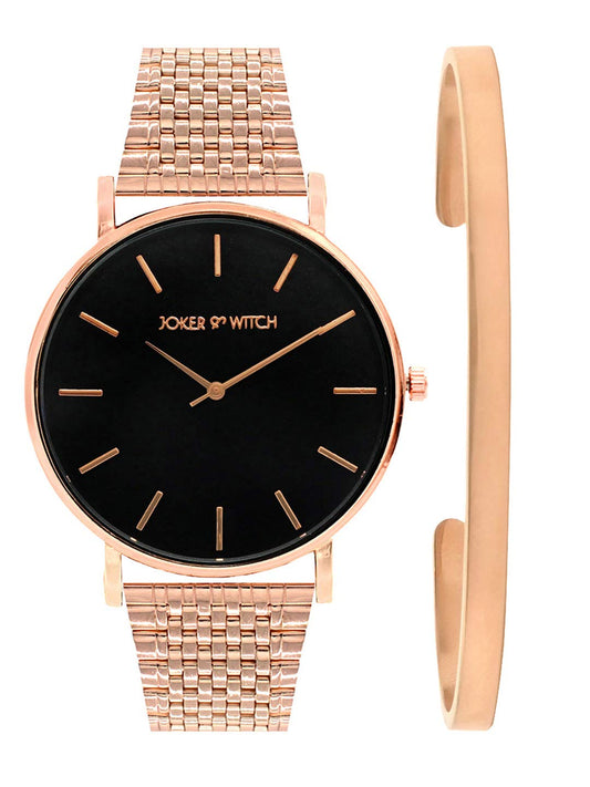 Joker & Witch Stainless Steel Women Sparks Fly Analog Watch Bracelet Stack (Rose Gold), Black Dial, Rose Gold Band