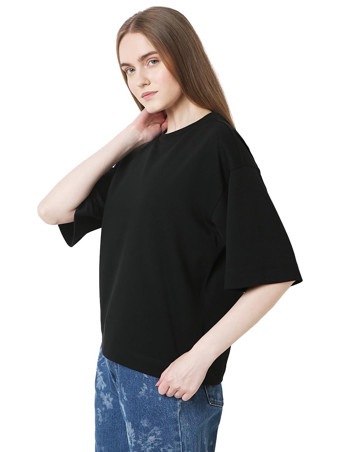 VERO MODA Women Solid Black Cotton Relaxed Fit T-Shirt
