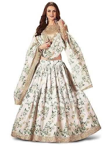 Zeel Clothing Organza Women's Digital Print & Heavy Embroidery Lace Semi Stitched Lehenga Choli With Dupatta (7027-White-Wedding-Stylish-Lehenga-Choli; Free Size)
